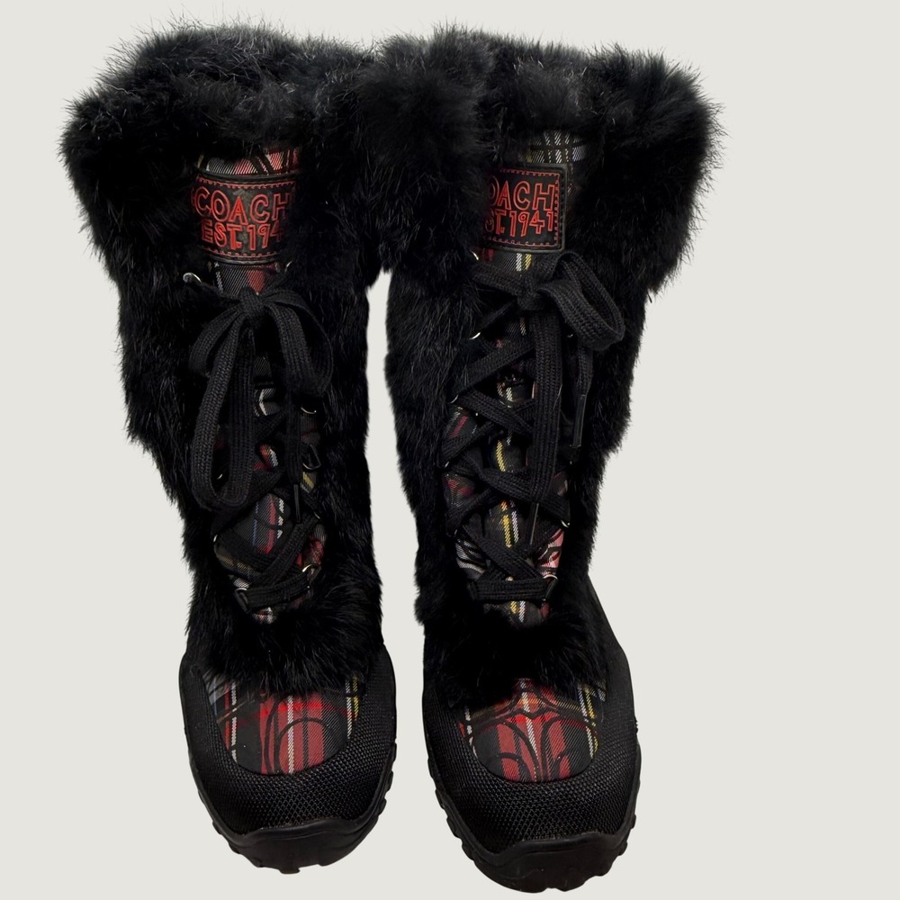 Coach Est 1941 Women Black Faux Fur Plaid Signature C Quilted Snow Boots 8.5